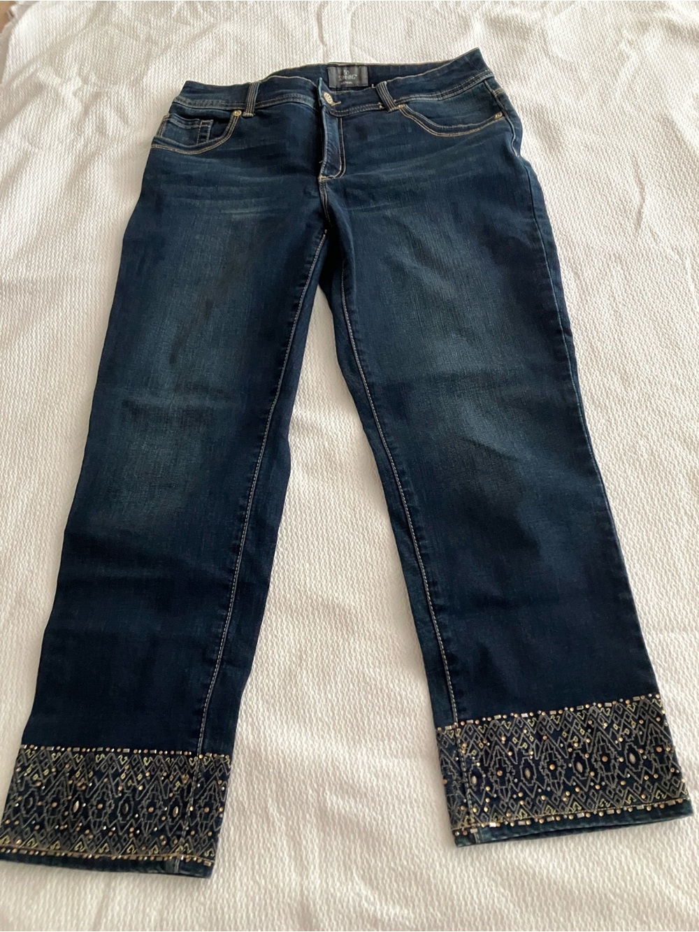 Chicos So Slimming Dark Blue Embellished Hem Women’s cropped Jeans